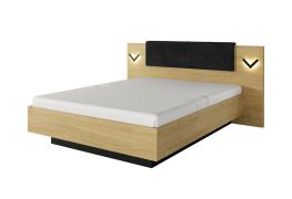 Doppelbett mit LED-Beleuchtung und Stauraum Damous 03, Farbe: Eiche Scandi / Schwarz - Abmessungen: 104 x 212 x 210 cm (H x B x T)
