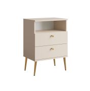 Neutrale Nachtkommode mit einen offenen Fach Almyros 03, Farbe: Beige, zwei Schubladen, Griffe & Beine: Gold, Maße: 69,5 x 50 x 34 cm, für Schlafzimmer