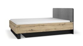 Doppelbett / Gästebett inklusive Lattenrost mit Hebemechanismus Galatsi 07, Farbe: Schwarz mit Holzstruktur / Eiche Artisan, Liegefläche: 180 x 200 cm, gepolstertes Kopfteil