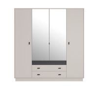 Kleiderschrank mit vier Türen Niel 16, drei Schubladen, Farbe: Kaschmir, eine Kleiderstange, neun Holzeinlegeböden, Maße: 210 x 200 x 56 cm, elf Fächer