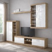 Wohnwand Celesco 2 |4 teilig | Farbe: Sonoma/Weiß Hochglanz | 260 x 42 x 206 cm | Ganzmetallbeschläge