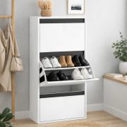 Schuhschrank Palvudo | Farbe: Weiß Hochglanz / Schwarz | 3 Kippfächer | Platzwunder | viel Stauraum | schwarze Zierlinien | 50 x 27 x 126 cm