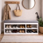Sitzbank mit Stauraum / Schuhschrank 100 | Farbe: Nimfea alba | 4 Fächer | weicher grauer Stoffbezug | 100 x 32 x 48,6 cm | Sitzbank zum aufklappen