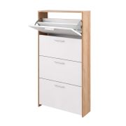 Schuhschrank Belvun 4 | Farbe: Eiche Artisan/Weiß matt | 4 Kippfächer | viel Stauraum auf wenig Fläche | 69 x 25 x 151 cm | Garderobe | Flur