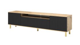 Moderner TV-Unterschrank Cienequillas 01, Farbe: Eiche Artisan / Schwarz, Push-to-open Funktion, Beine: Gold, Front: geriffelt, Maße: 54 x 200 x 40 cm