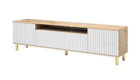 Hochwertiger TV-Schrank / TV-Möbel Cienequillas 04, Farbe: Eiche Artisan / Weiß, Beine: Gold, Front: geriffelt, Maße: 54 x 200 x 40 cm, modernes Design