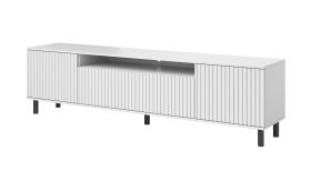 TV-Board / TV-Schrank Cienequillas 08, geriffelte Front, Farbe: Weiß, Beine: Schwarz, Push-to-open Funktion, vier Fächer, Maße: 54 x 200 x 40 cm