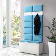 1 Meter breite Garderobe 01 mit Türkisen Polsterpaneelen für Sitzbank und Wand, Weiß/Türkis, für 8 Paar Schuhe, 6 Kleiderhaken, 4 Fächer, Schuhschrank