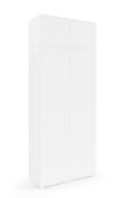 Schrank für Garderobe mit Aufsatz Zapopan 32, zwei Kipptüren, zwei ausziehbare Kleiderstangen, Farbe: Weiß, Maße: 225 x 90 x 40 cm, vier Fächer, Push-to-open