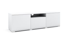 TV-Unterschrank / TV-Möbel mit Push-to-open Funktion Zapopan 107, Farbe: Weiß, Maße: 42 x 150 x 40 cm, drei Türen, vier Fächer, für Wohnzimmer