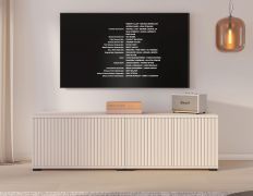 TV-Unterschrank | Kaschmir | 4 Drehtüren | 4 Fächer | 140 x 40 x 42 cm | Push-to-open Funktion | TV-Möbel | Lamellen Design | für Wohnzimmer