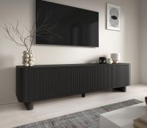TV-Unterschrank | Schwarz | 3 Kipptüren | 3 Fächer | Lamellen | Push-to-open Funktion | Maße: 200 x 40 x 54 cm | auf Beinen oder hängend montierbar