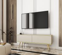 TV-Schrank / TV-Möbel mit Push-to-open Funktion Horsham 48, Farbe: Beige, Beine: Gold, hängend montierbar, zwei Kippfächer, ABS-Kantenschutz, für Wohnzimmer