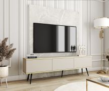 Moderner TV-Schrank / TV-Möbel mit Push-to-open Funktion Horsham 35, Farbe: Beige, ABS-Kantenschutz, drei Kippfächer, Beine: Schwarz, hängend montierbar