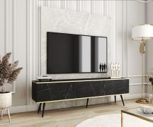 TV-Möbel / TV-Board mit zwei Kippfächern Horsham 33, Farbe: Schwarzer Marmor, Push-to-open Funktion, aus hochwertigen Materialien, ABS-Kantenschutz