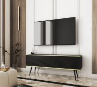 Eleganter TV-Unterschrank mit zwei Kipptüren Horsham 19, Farbe: Schwarz, Push-to-open Funktion, hängend montierbar, Maße: 53 x 135 x 32 cm, Beine: Schwarz