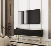 Moderner TV-Unterschrank mit geriffelter Front Horsham 37, Farbe: Schwarz, Push-to-open Funktion, Beine: Gold, hängend montierbar, ABS-Kantenschutz