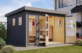 Gartenhaus in Terragrau aus nordischer Fichte, doppelt verglaster Eingangstür, Flachdach mit verstärkten Kanten, Zylinderschloss, 2,38 × 2,42 m