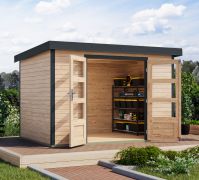 Pultdach Gartenhaus, nordische Fichte natur/anthrazit, Trapezblechdach, stahlverstärkte Ecken, langlebig, Zylinderschloss, wartungsarm, 2,98x2,13m