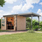Holz Gartenhaus Anbaudach 2,35 m, nordische Fichte naturbelassen/graualuminium, Trapezblechdach 2,38 × 2,13 m, Zylinderschloss mit Doppelflügeltür