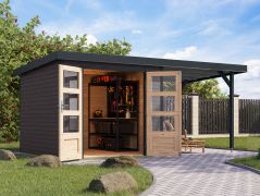 Holz Gartenhaus Anbaudach terragrau/anthrazit, robuste metallverstärkte-Ecken, Trapezblechdach, Doppelflügeltür mit Zylinderschloss, 2,38 × 2,42 m