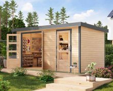 Pultdach Gartenhaus, Fichte naturbelassen/graualuminium, Trapezblechdach wetterfest, stabile Ecken, Zylinderschloss, große Fenster, 4,00 × 2,13 m