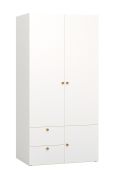 Drehtürenschrank mit zwei Türen Aenna 28, eine Kleiderstange, zwei Schubladen, Farbe: Weiß / Eiche, Maße: 202,5 x 100,5 x 60 cm, Griffe: Eiche, sechs Fächer