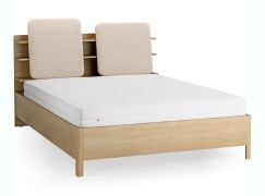 Doppelbett | 160 x 200 cm | Farbe: Eiche / Beige | gepolsterte Kopfstütze | vier offene Regale | Behälter hinter Rückenlehne | inkl. Lift up Lattenrost