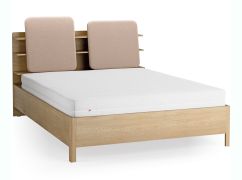 Doppelbett | 160 x 200 cm | Farbe: Eiche / Ecru | gepolsterte Kopfstütze | vier offene Regale | Behälter hinter Rückenlehne | inkl. Lattenrost