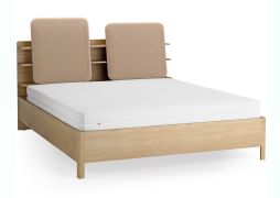 Doppelbett | Farbe: Eiche / Taupe | gepolsterte Kopfstütze | vier offene Regale | Behälter hinter Rückenlehne | 180 x 200 cm | inkl. Lift up Lattenrost