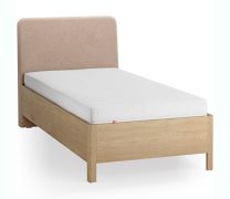Einzelbett | Farbe: Eiche / Ecru | Eiche massiv | weich gepolsterte Kopfstütze | 90 x 200 cm | Gästebett | inkl. Lift up Lattenrost | dezent abgerundete Form