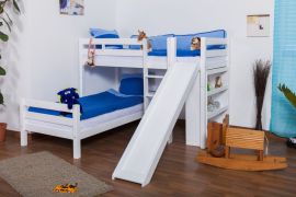 Stockbett Buche Vollholz weiß mit Regal und Rutsche, inkl. Rollrost 90x200 cm, teilbar