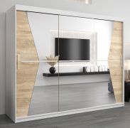 Schiebetürenschrank / Kleiderschrank Naranco 06 mit Spiegel, Farbe: Weiß matt / Eiche Sonoma - Abmessungen: 200 x 250 x 62 cm ( H x B x T )