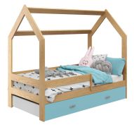 Kinderbett / Hausbett Kiefer Vollholz massiv natur D3, Schublade: Blau, inkl. Lattenrost - Liegefläche: 80 x 160 cm (B x L)
