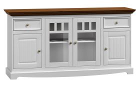 Kommode Gyronde 03, Kiefer massiv Vollholz, Farbe: Weiß / Walnuss - 85 x 167 x 45 cm (H x B x T)