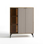 Highboard / Kommode | ABS-Kantenschutz | 102,5 x 35,5 x 123 cm | inkl. LED-Beleuchtung | Beine aus Metall | 6 Fächer | Eiche Cremona / Beige | 3 Türen