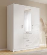 Kleiderschrank | 3 Schubladen | Farbe: Weiß | 2 Drehtüren | 1 Spiegeltür | 1 Kleiderstange | Maße: 150,5 x 58 x 200,5 cm | Drehtürenschrank | schlichtes Design