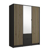 Kleiderschrank / Drehtürenschrank | Lamellen | Metallgriffe | mit Spiegel | 150,8 x 54,5 x 200,5 cm | 10 Fächer | 1 Kleiderstange | 2 Schubladen | Iraklio 04