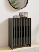 Kommode | Lamellen Front | Farbe: Graphit | 2 Drehtüren | offene Kommode | 4 Fächer | Maße: 60 x 34 x 87 cm | für den Vorraum oder Wohnzimmer