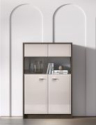 Vitrine Mackenzie 03 | Griffe: Metall | Farbe: Eiche Dunin / Kaschmir Hochglanz | 2 Türen | Maße: 92 x 40 x 141 cm | Soft-Close Funktion | ABS-Kanten