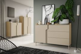 Wohnzimmer Set B | 3-teilig | Farbe: Eiche Mavelie / Macadamia | Push-to-open Funktion | Beine aus Metall | 1 Sideboard | 1 Highboard | 1 Kommode