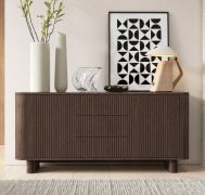 Kommode | 2 Drehtüren | Push-to-open Funktion | Farbe: Walnuss Lincoln | 3 Schubladen | 4 Fächer | 150 x 40 x 70 cm | Push-to-open | Lamellen Front | für Wohnzimmer