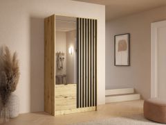 Kleiderschrank mit Spiegel | 2 Schubladen | 101,7 x 54,5 x 200,5 cm | Lamellen | 5 Fächer | Eiche / Artisan | Metallgriffe | 1 Kleiderstange | Iraklio 01
