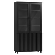 Vitrine in Schwarz, 200 x 106 x 40 cm, mit 2 Glastüren und 2 Holztüren, 12 Fächer, Metallbeine, ABS-Kanten, elegantes Design, quadratische Griffe