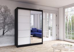 Kleiderschrank / Schiebetürenschrank | Bucegi  21 | Weiß / Schwarz | mit Spiegel | 2 Türen | Griffe: Aluminium | 6 Fächer | 200 x 150 x 61 cm