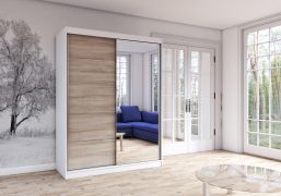 Kleiderschrank / Schiebetürenschrank | Braun / Weiß | Bucegi  13 | mit Spiegel | 2 Türen | Griffe: Aluminium | 6 Fächer | 200 x 150 x 61 cm