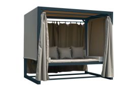 Gartenloungebett Paris mit Dach, Farbe: anthrazit, Stoff: taupe, 2360 x 1800 x 2100, Rahmen aus Stahl, Rücklehne, Armlehne und Sitzfläche aus Rattan