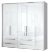 Drehtürenschrank / Kleiderschrank mit LED-Rahmen Siumu 32, Farbe: Weiß / Weiß Hochglanz - 226 x 232 x 60 cm (H x B x T)
