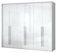 Drehtürenschrank / Kleiderschrank mit LED-Rahmen Siumu 25, Farbe: Weiß / Weiß Hochglanz - 226 x 277 x 60 cm (H x B x T)
