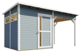 Gartenhaus Kiel 02 mit Anbaudach inkl. Fußboden, Hellgrau lackiert - 19 mm Elementgartenhaus, Nutzfläche: 5,10 m², Flachdach